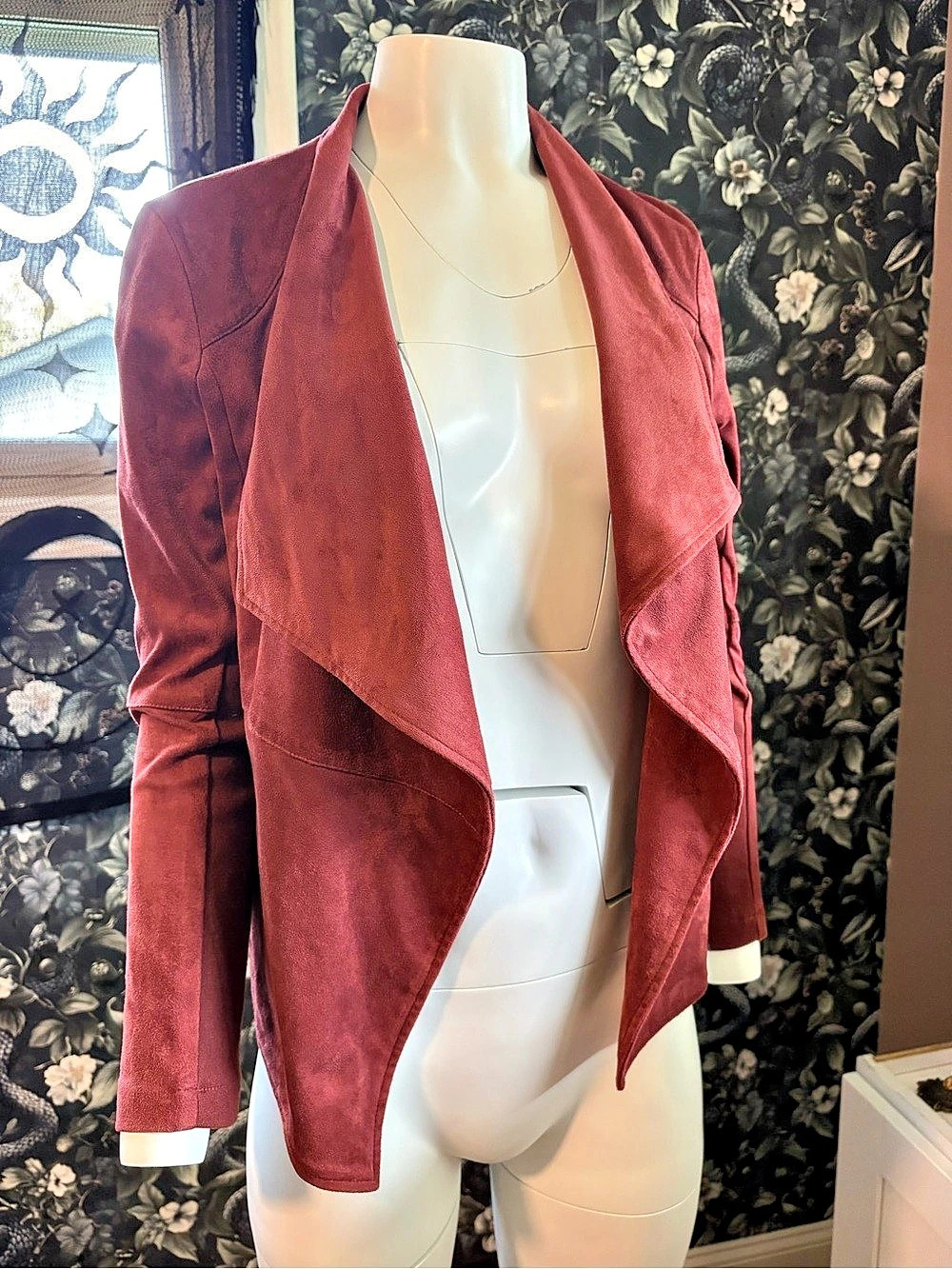 Faux Suede Jacket Draped Front Burgundy Medium | Autumn Fall Vibes